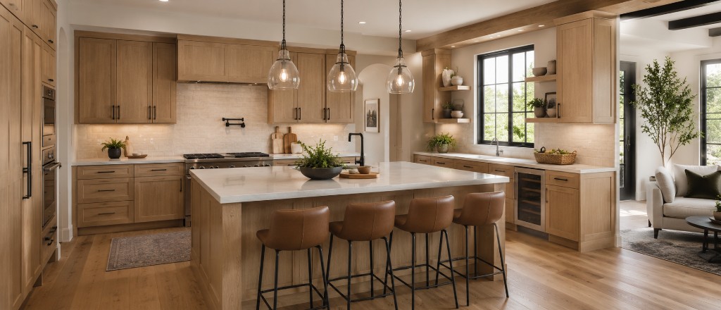 Modern kitchen with light wood cabinetry